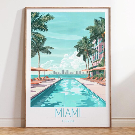 Miami Florida Art Deco Pool With Palms Retro Sunshine Travel Poster