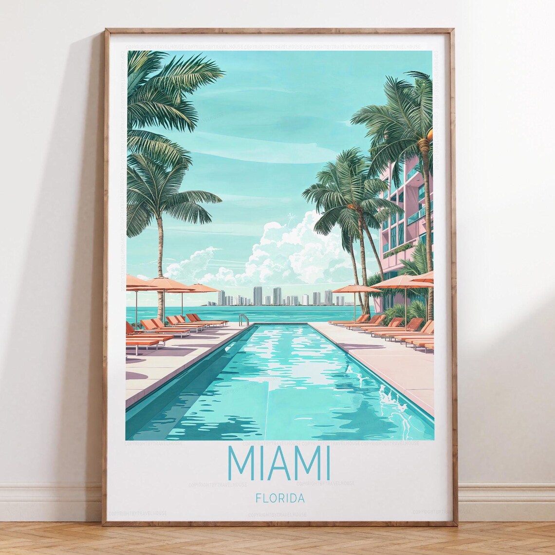 Miami Florida Art Deco Pool With Palms Retro Sunshine Travel Poster