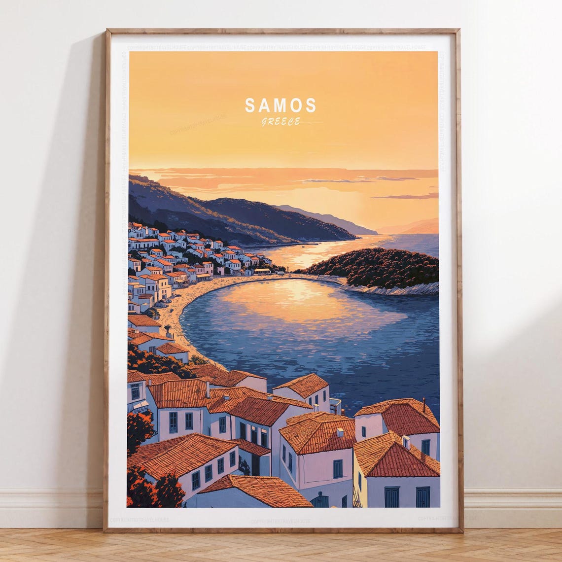 Samos Greece Sunset Over Bay Whitewashed Seaside Village Poster