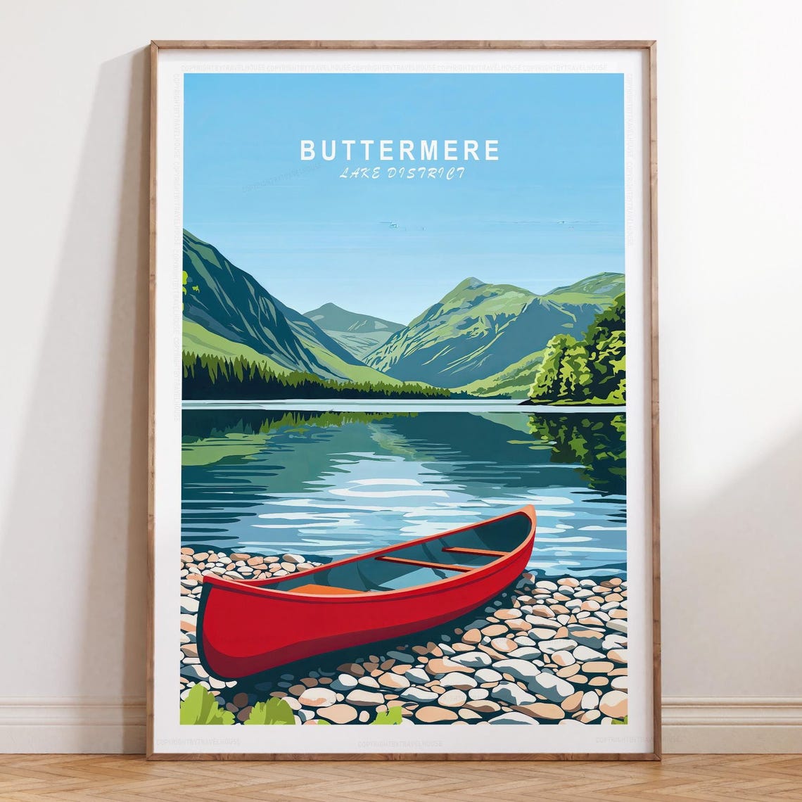 Buttermere Lake District Red Canoe on Pebble Lakeshore Poster