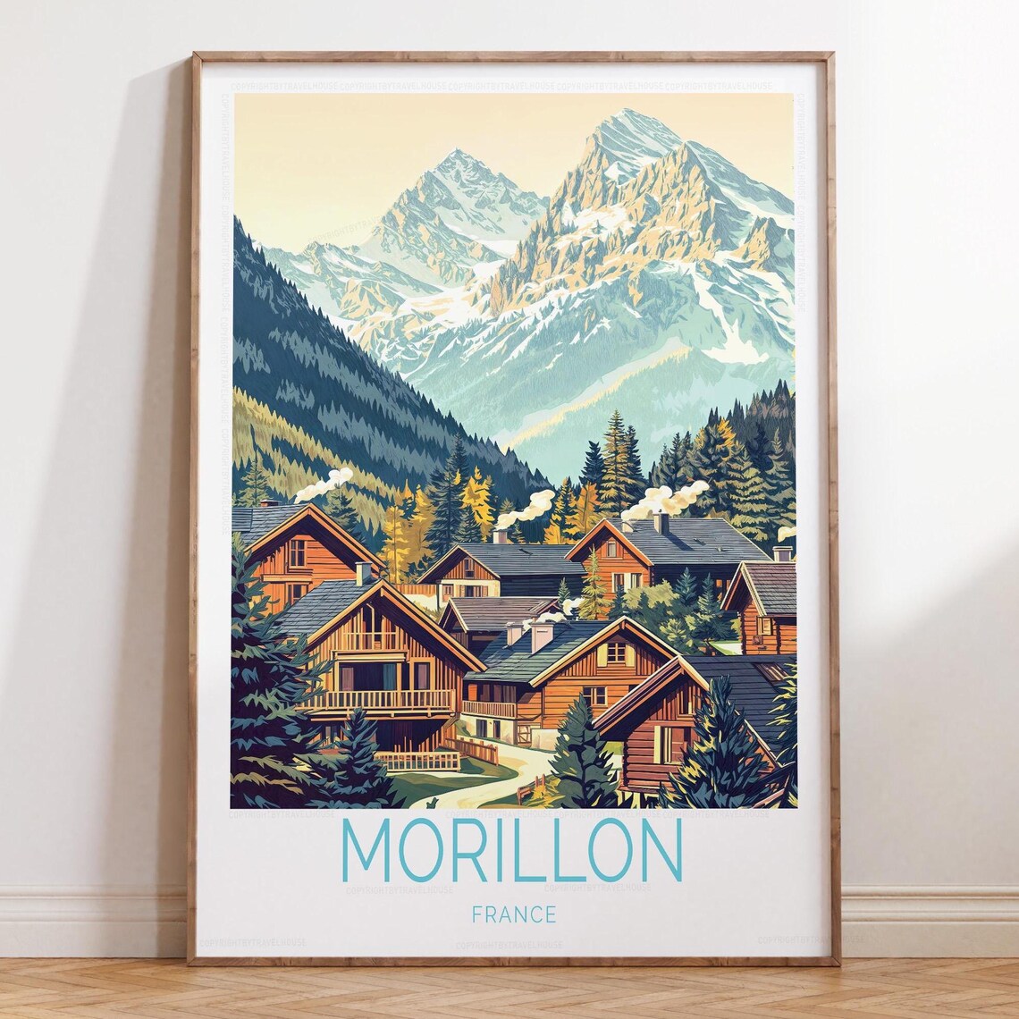 Morillon France Alpine Village Wooden Chalets Summer Travel Poster