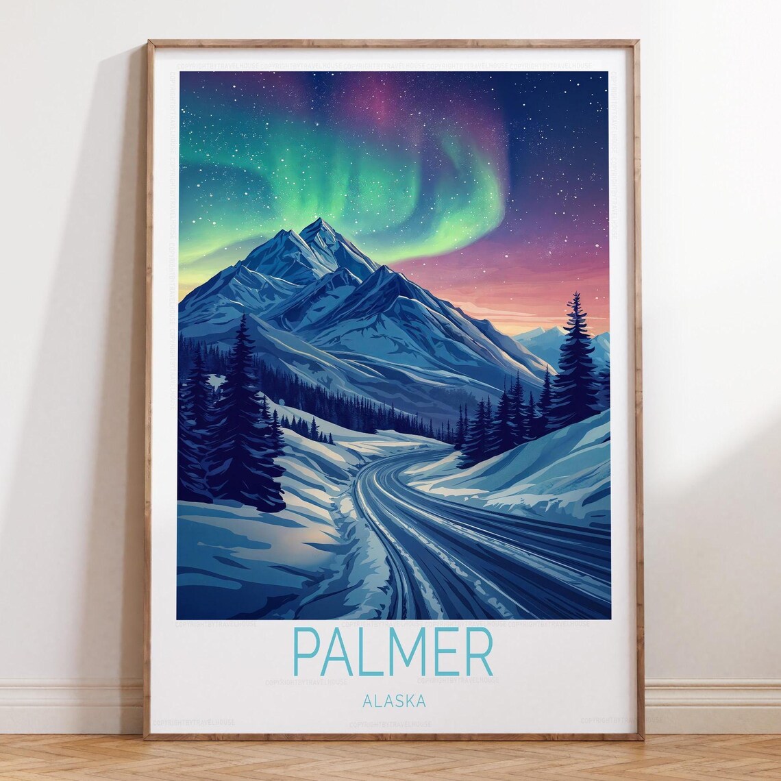 Palmer Alaska Northern Lights Over Snowy Mountain Road Poster