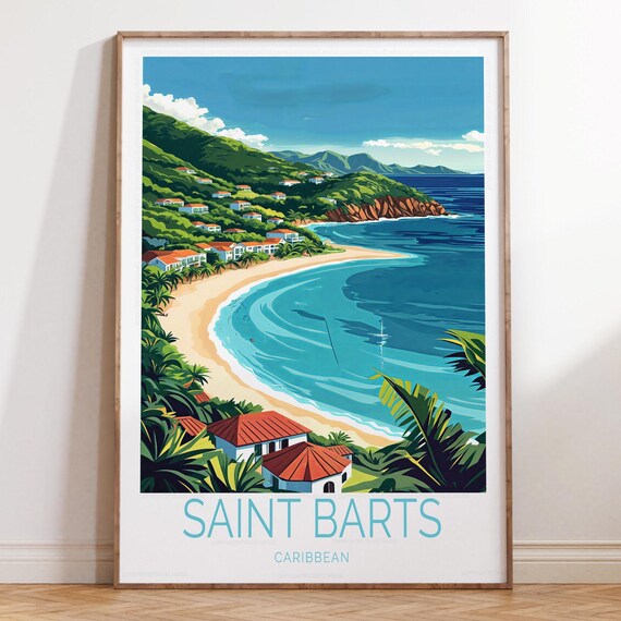 Saint Barts Caribbean Tropical Sandy Cove Palm Beach Travel Poster