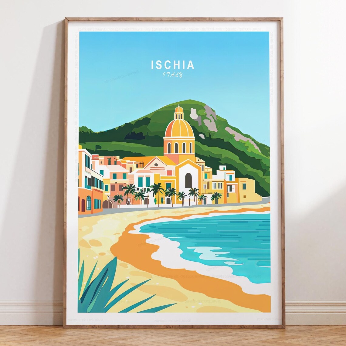 Ischia Italy Golden Dome Church Beachfront Sunset Travel Poster