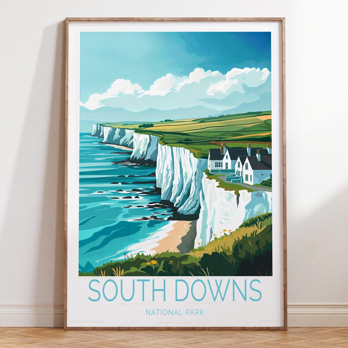 South Downs England White Cliffs Coastline Illustrated Poster