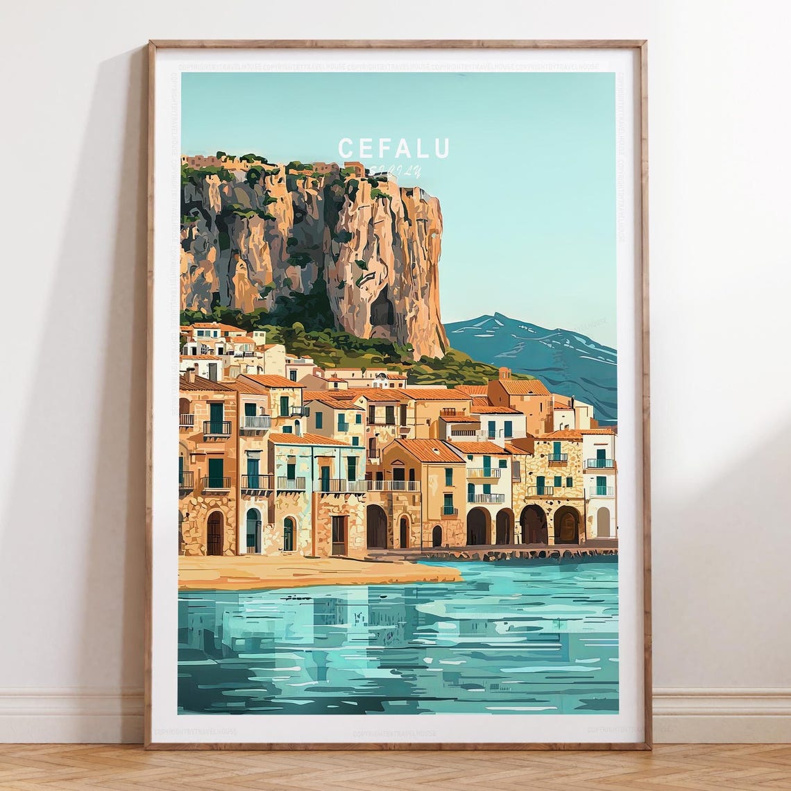 Golden Hour Cefalu Sicily Rocca Cliffs Waterfront Retro Travel Poster