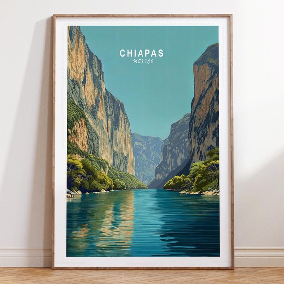 Chiapas Mexico Canyon Skyline Headline Retro Sunset Travel Poster