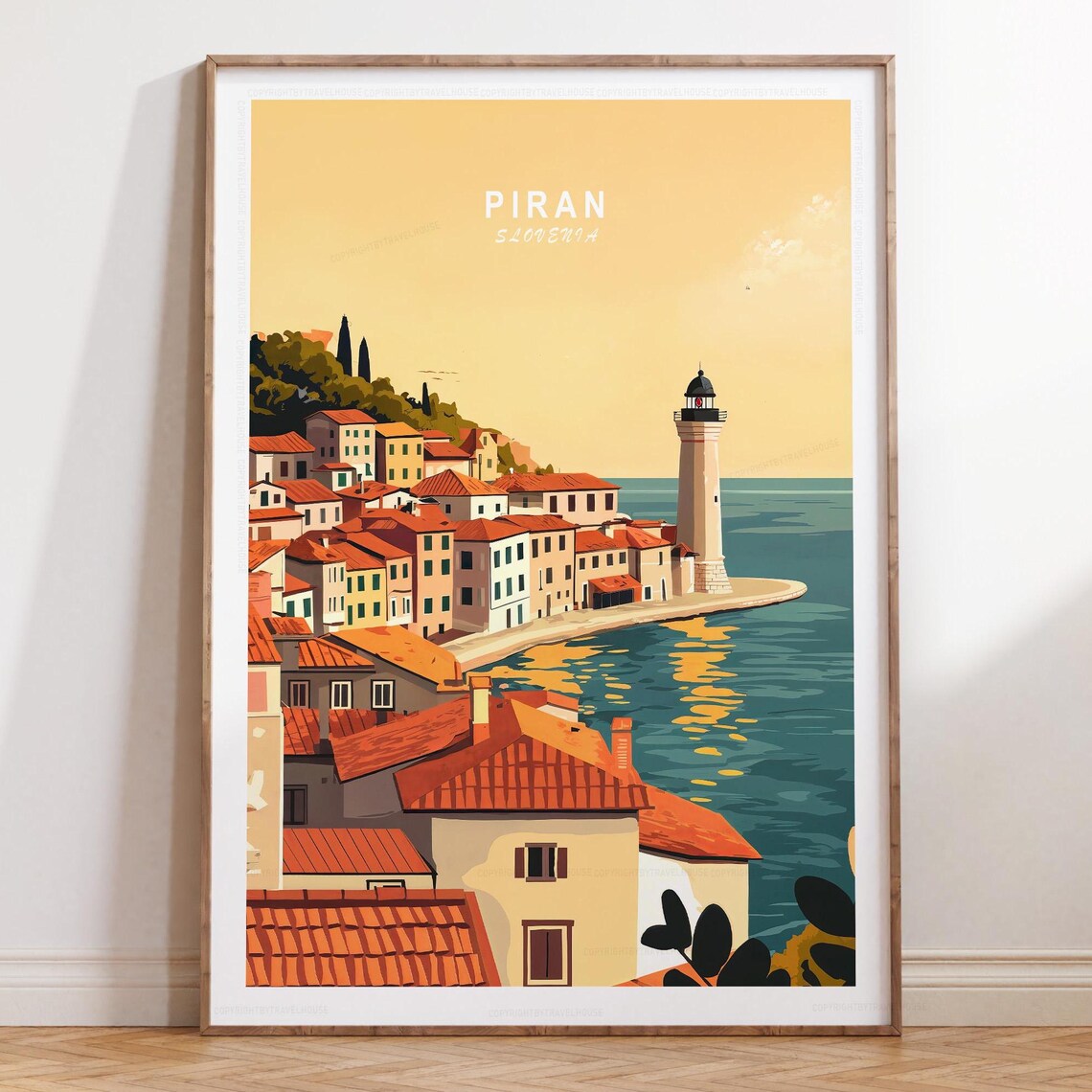 Piran Slovenia Lighthouse Coastal Town Sunset Vintage Travel Poster