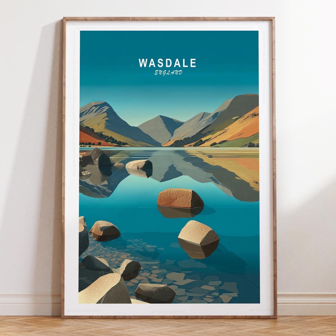 Wasdale England Lake Shore Rocks Mountain Reflection Minimalist Travel Poster