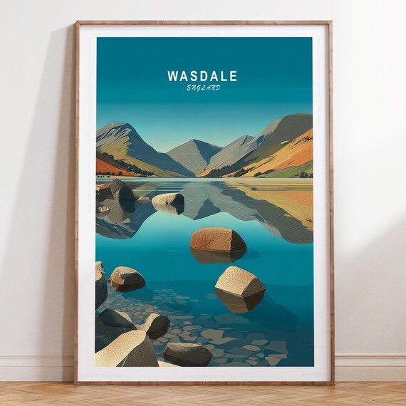 Wasdale England Lake Shore Rocks Mountain Reflection Minimalist Travel Poster