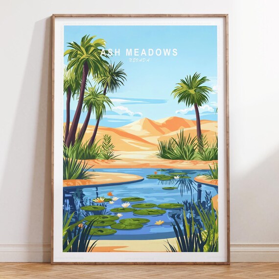 Ash Meadows Nevada Desert Lake Palm Trees Lotus Flower Travel Poster