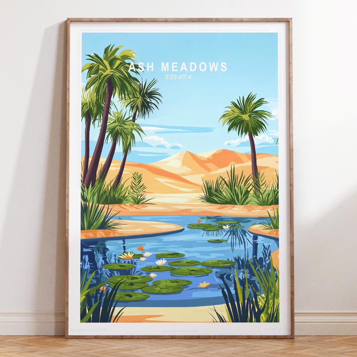 Ash Meadows Nevada Desert Lake Palm Trees Lotus Flower Travel Poster