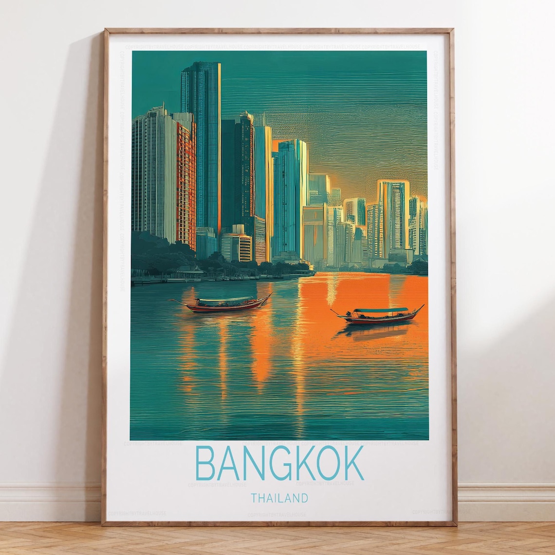 Bangkok Thailand River Sunset Longtail Boats Skyline Travel Poster