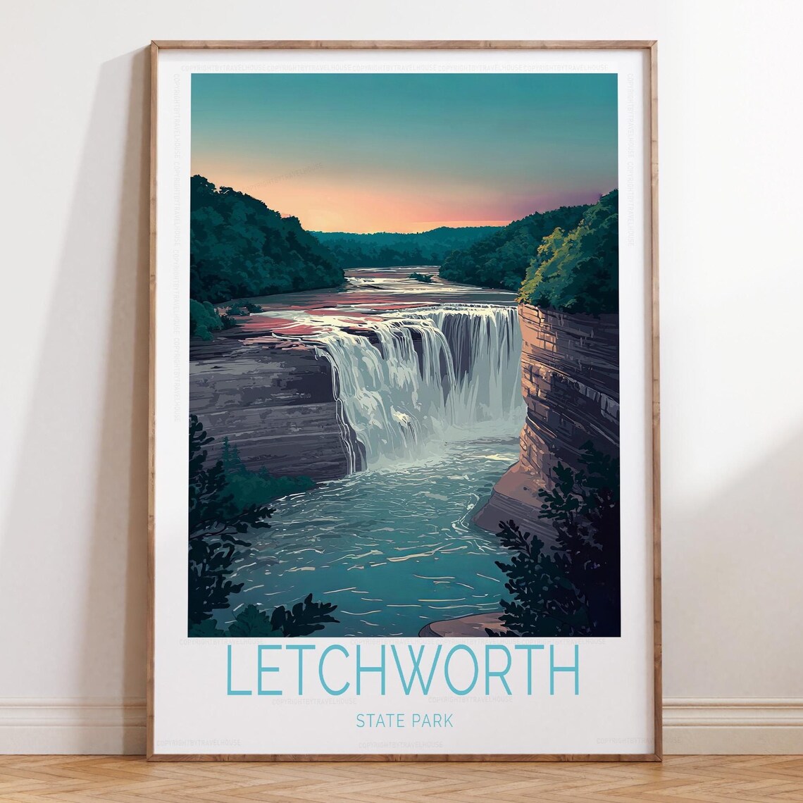Letchworth State Park Waterfall Cliffside Sunset Scenic Travel Poster
