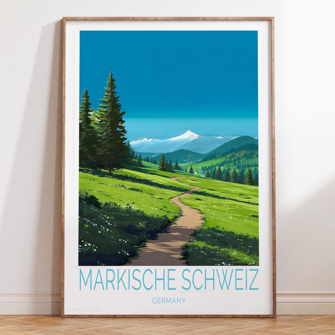 Märkische Schweiz Germany Meadow Path Snowy Peak Vintage Travel Poster