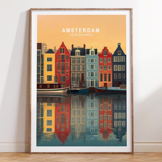 Amsterdam Canal Houses With Boats Reflected At Sunset Travel Poster