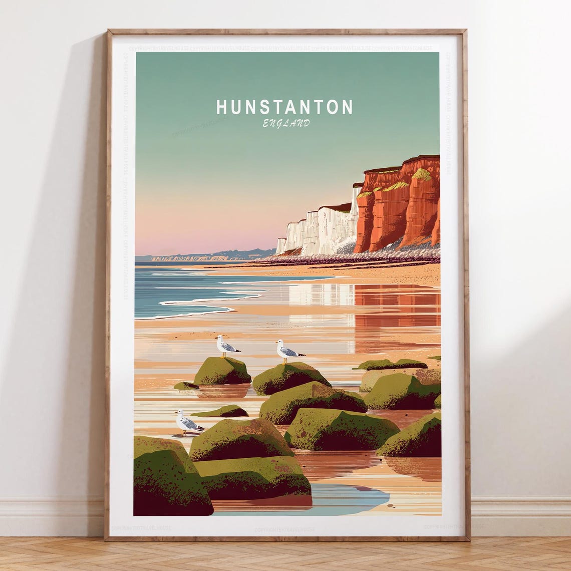 Hunstanton England Cliffs Beach Rocks Seagulls Travel Poster