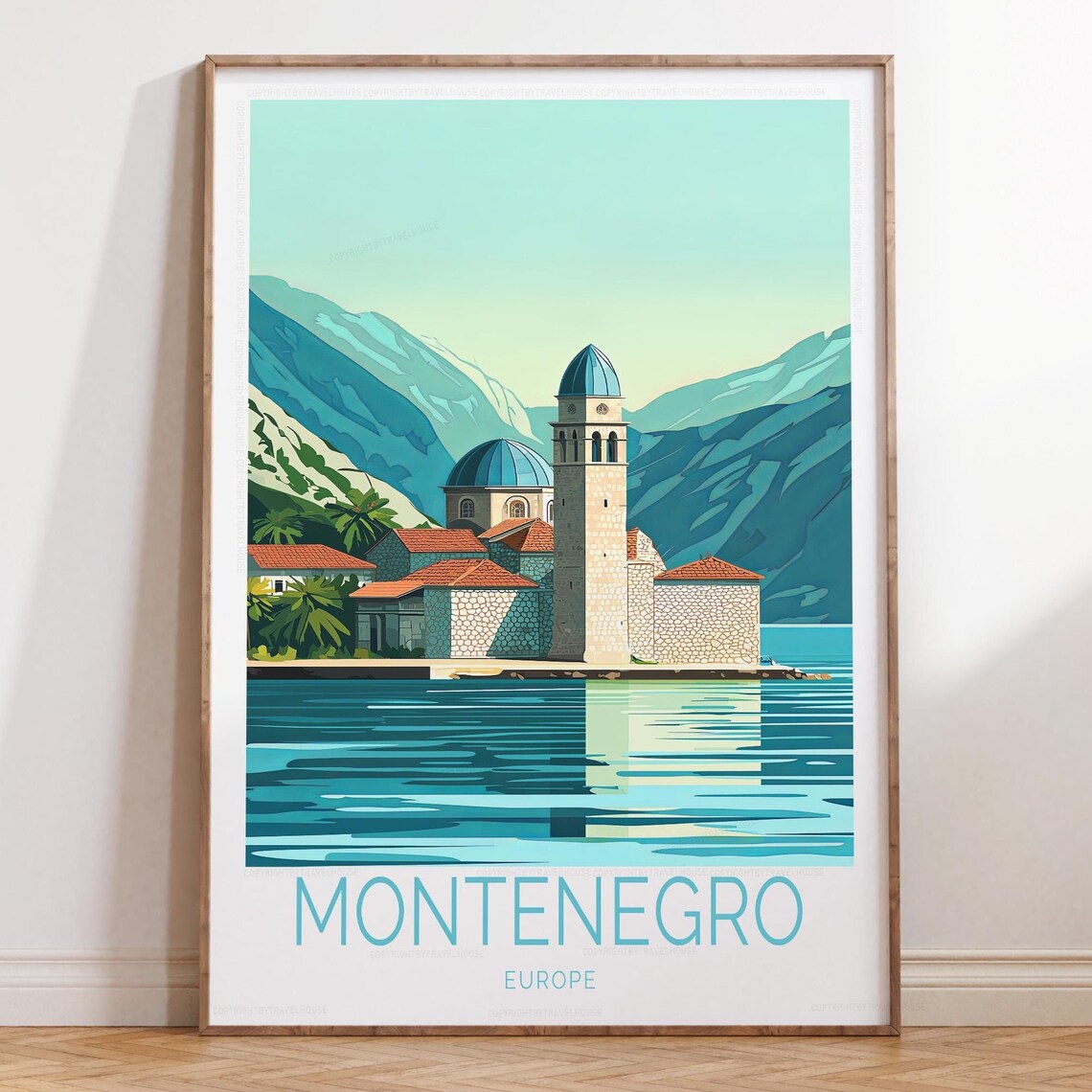 Montenegro Europe Island Church Bell Tower Blue Bay Travel Poster