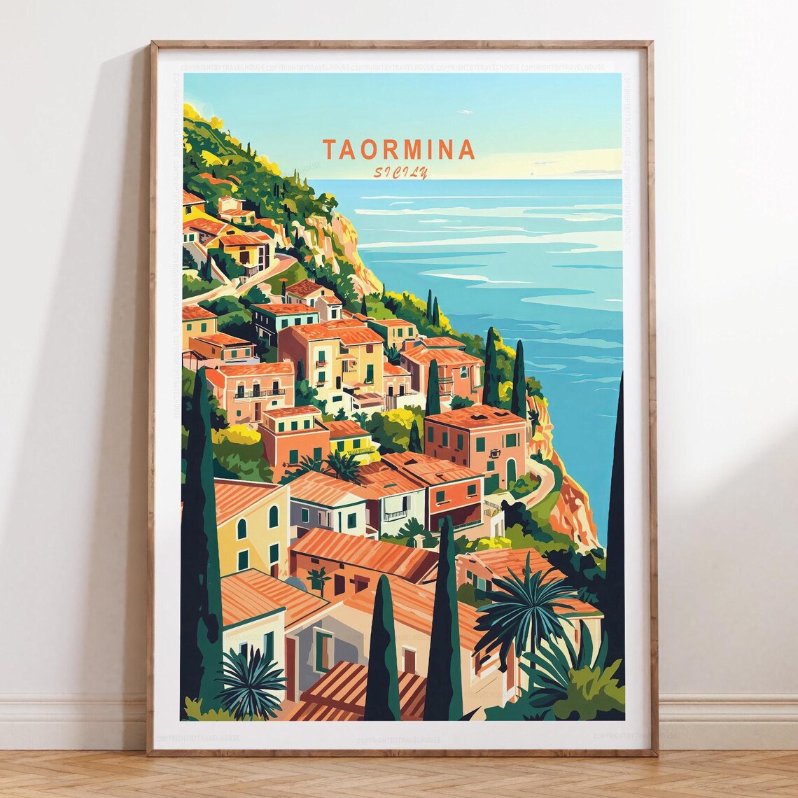 Taormina Sicily Italy Cliffside Town Ionian Sea View Travel Poster
