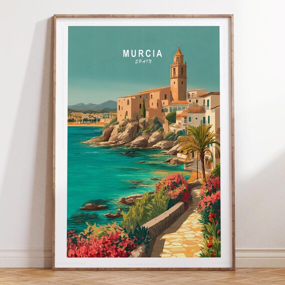 Murcia Spain Coastal Cliffs Church Tower Turquoise Sea Travel Poster
