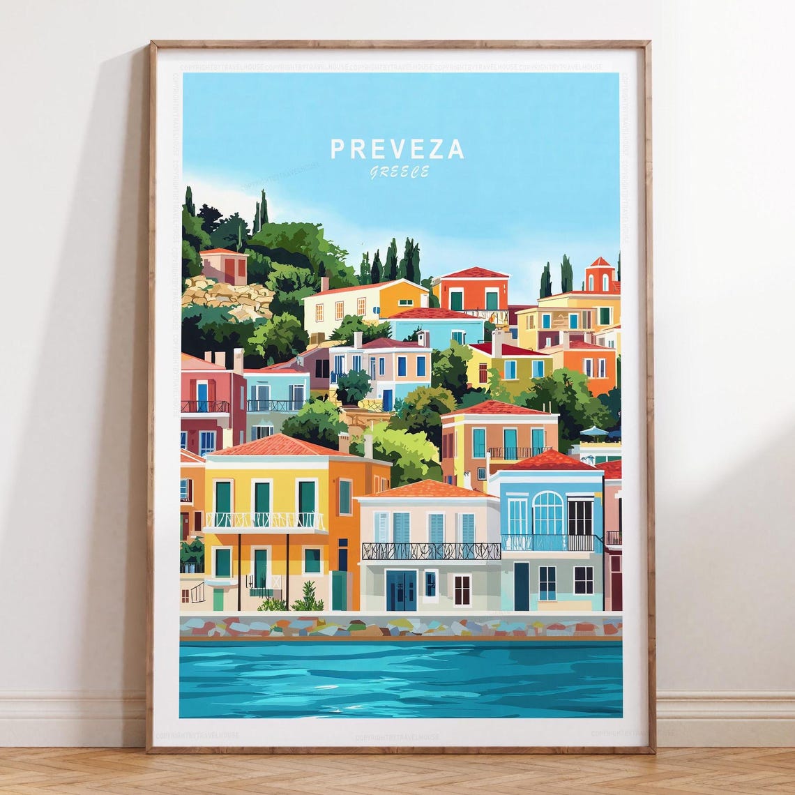 Preveza Greece Harbor View Colorful Hillside Houses Travel Poster