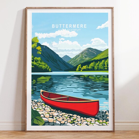 Buttermere Lake District Red Canoe Under Drifting Clouds Poster