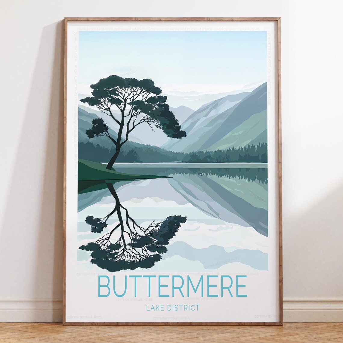 Buttermere Lake District Pine Reflection Minimalist Travel Poster