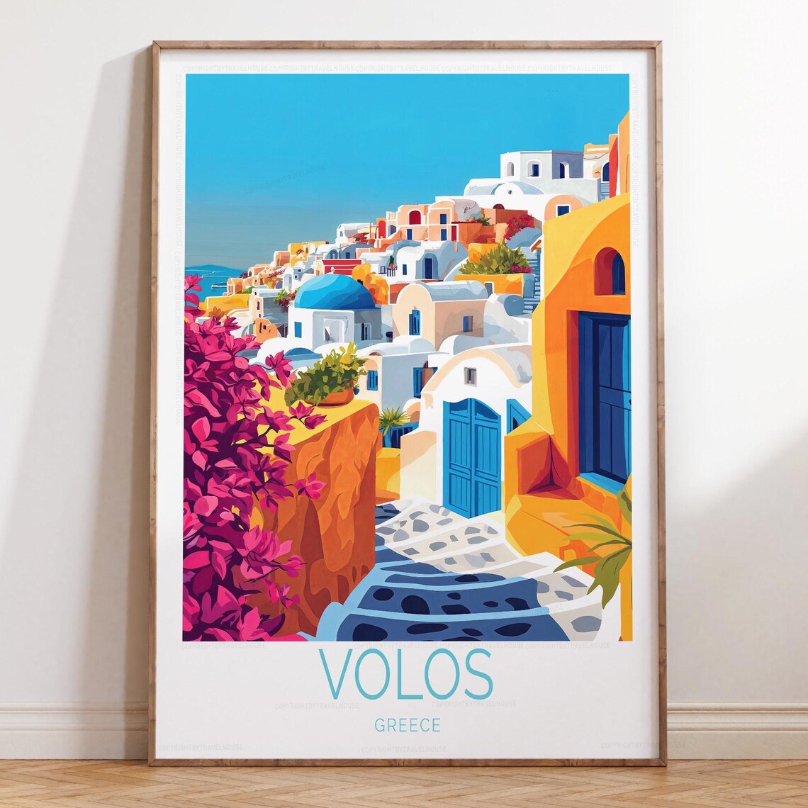 Volos Greece Blue Domed Church Village Panorama Travel Poster