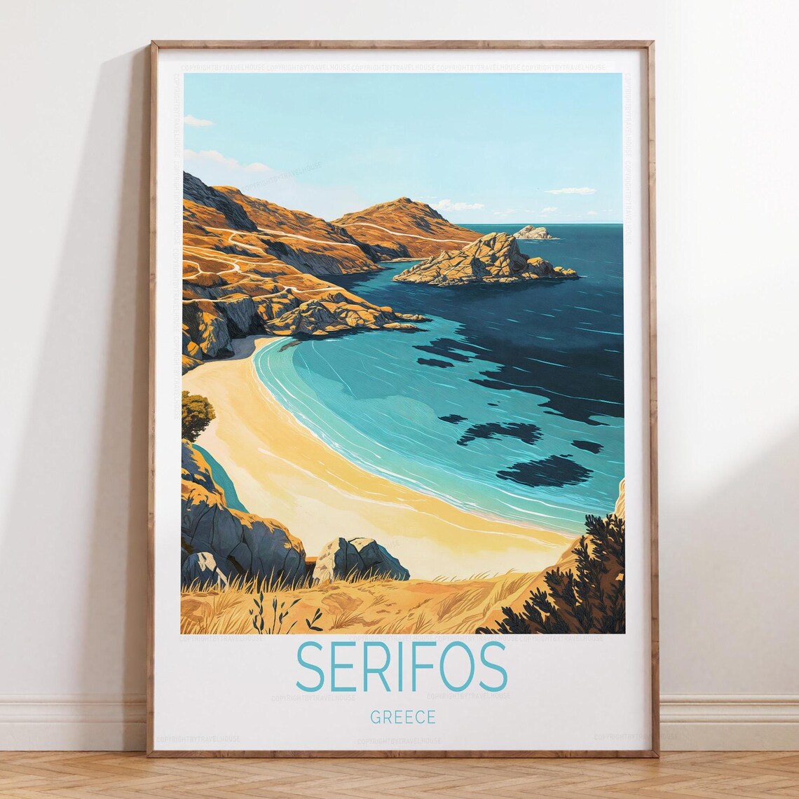 Serifos Greece Turquoise Bay Golden Beach Rocky Coast Travel Poster