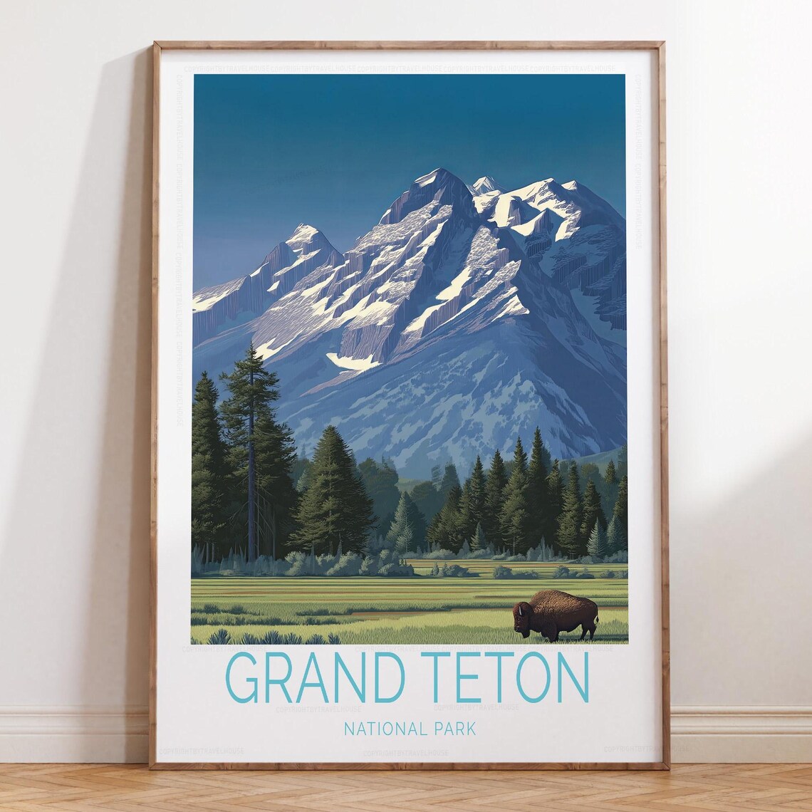 Grand Teton National Park With Grazing Bison Vintage Travel Poster