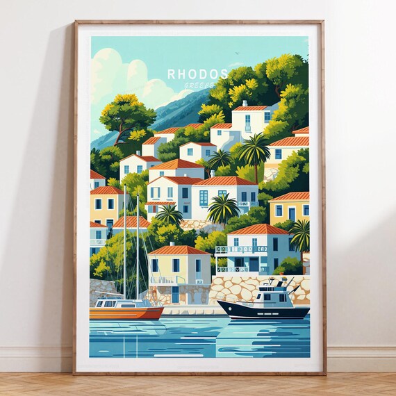 Rhodos Greece Whitewashed Harbor Village Minimalist Travel Poster