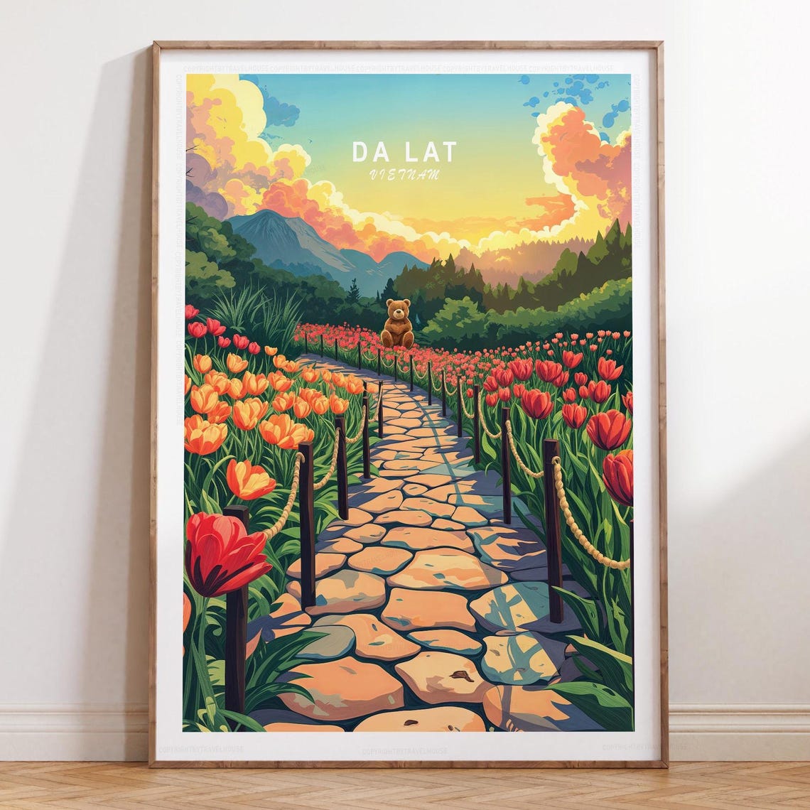 Da Lat Vietnam Tulip Field Teddy Bear Sunset Path Travel Poster