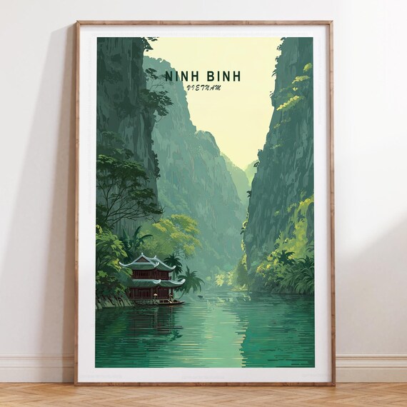 Ninh Binh Vietnam Narrow Gorge River Pagoda Sunset Travel Poster