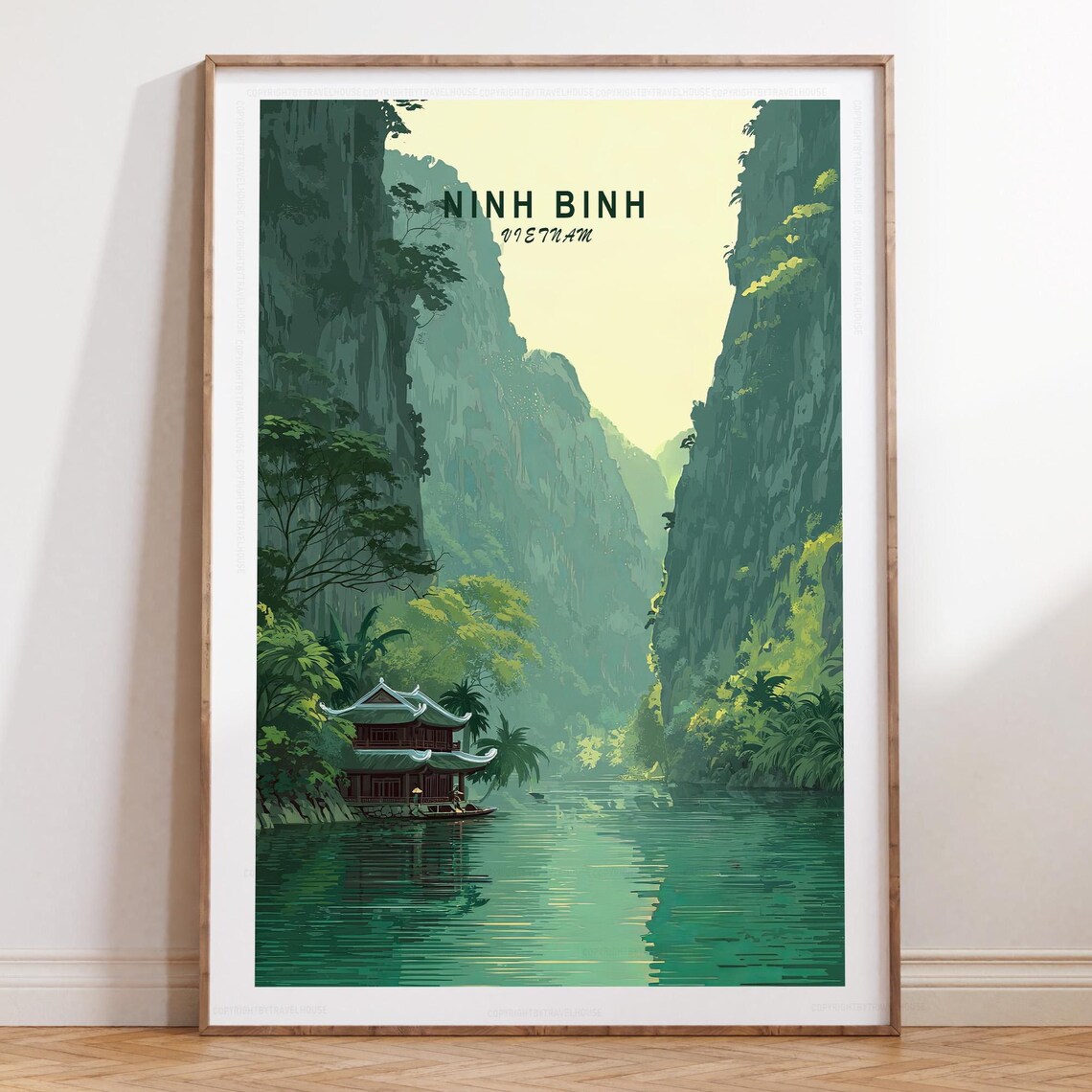 Ninh Binh Vietnam Narrow Gorge River Pagoda Sunset Travel Poster
