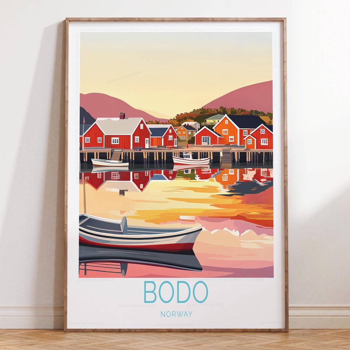 Bodo Norway Sunset Harbor Red Cabins Water Reflection Poster