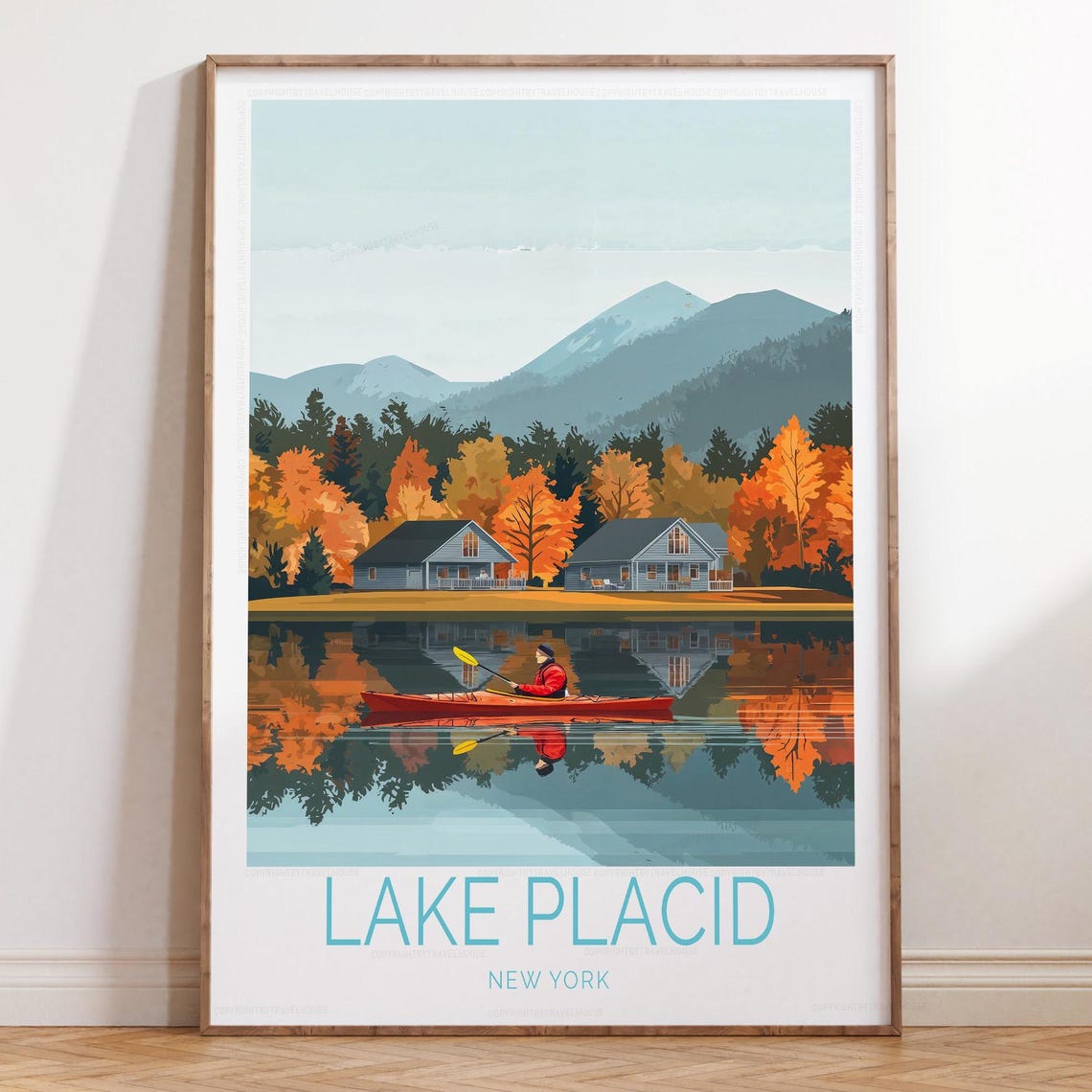 Lake Placid New York Red Kayak Autumn Reflection Travel Poster