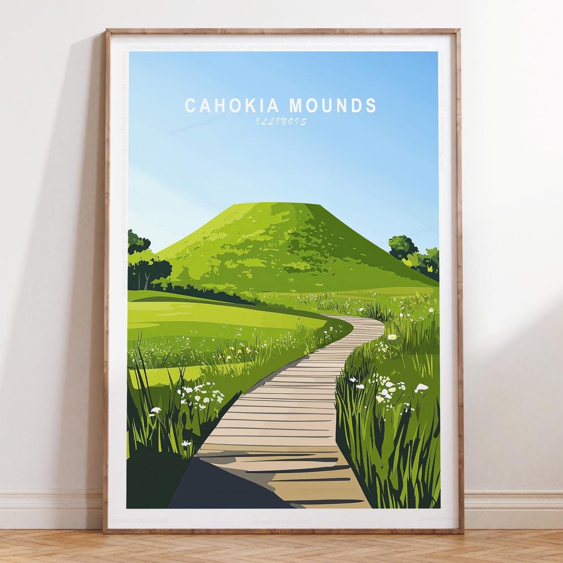 Cahokia Mounds Illinois Bright Blue Sky Grassy Hill Travel Poster
