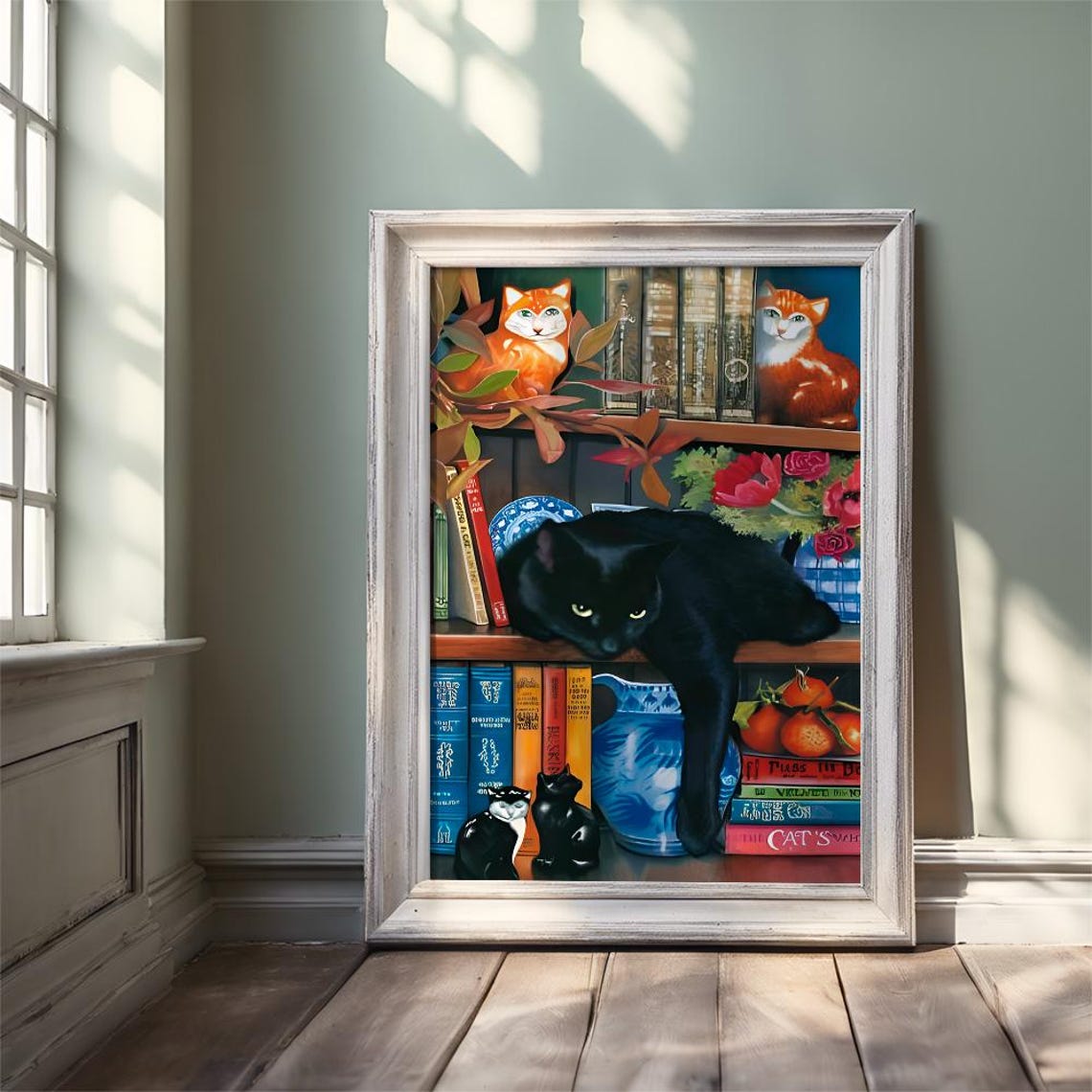 Cats Lounging on Cozy Bookshelf Colorful Whimsical Art Poster - Image 2