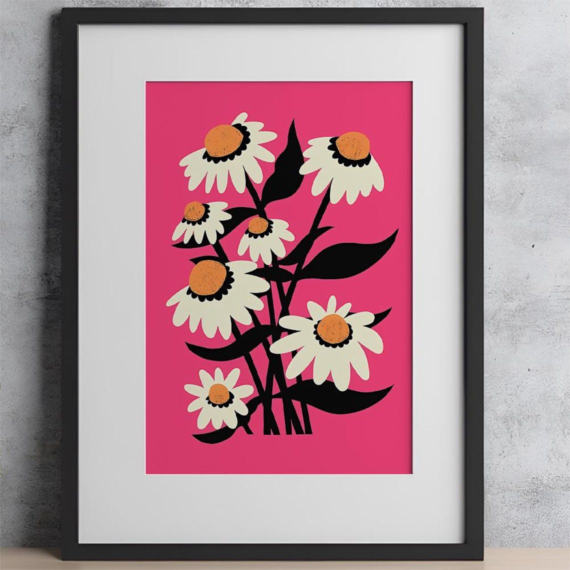 Retro Cream Daisies on Magenta Pink Background Vintage Poster - Image 2