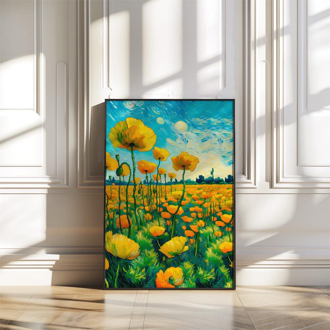 Yellow Poppy Field under Starry Sky Impressionist Art Poster - Image 2
