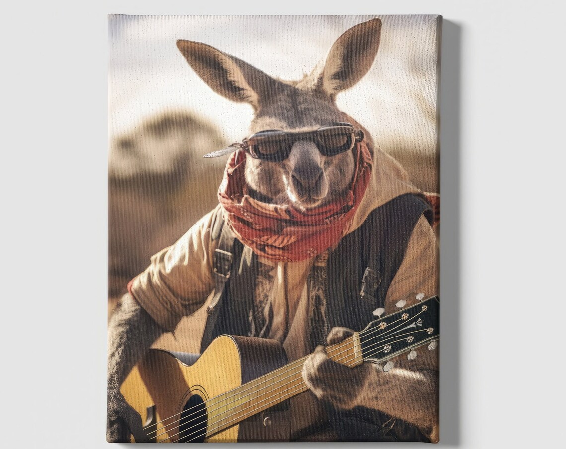 Kangaroo Playing Guitar, Funny Abstract Art Print