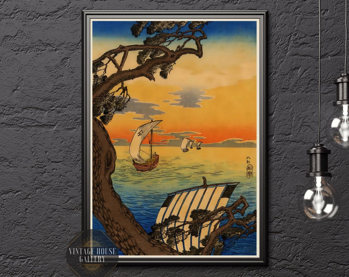 Sailboats at Sunset Framed by Twisted Pine Branches Art Print