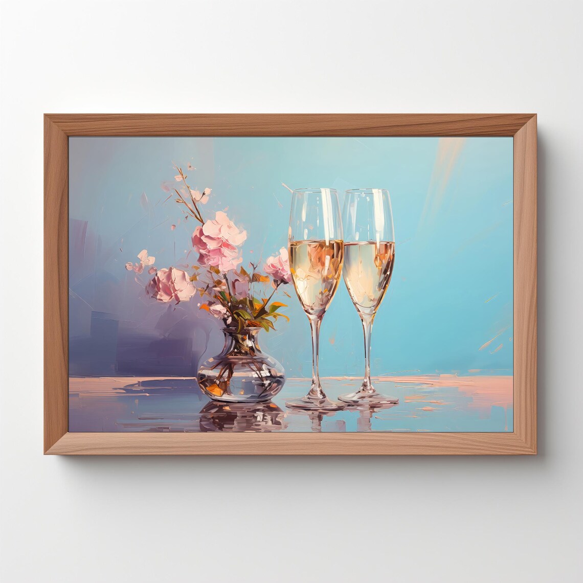 Champagne Glasses Pink Peonies Blue Background Celebration Wall Art Poster - Image 5