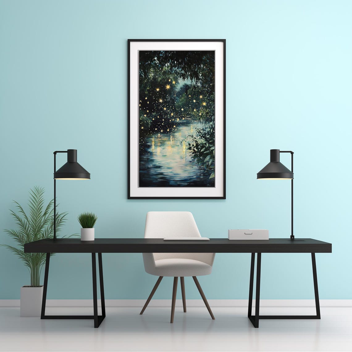 Fireflies Over Night Forest Stream Glowing Moody Woodland Wall Poster - Image 2