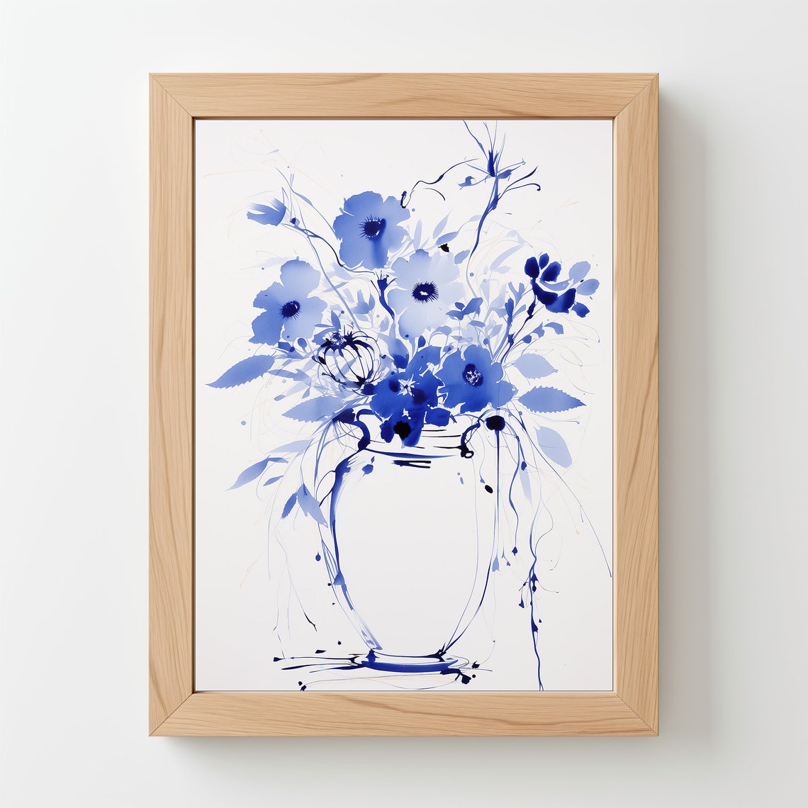 Blue Ink Botanical Floral Sketch Chinoiserie Style Minimalist Poster - Image 5