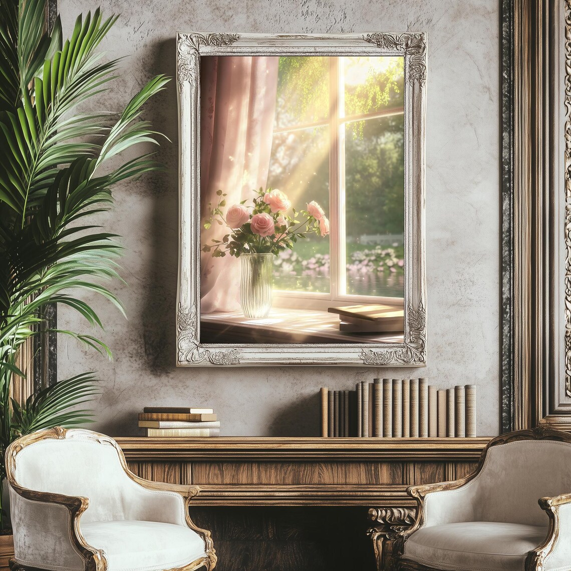 Pink Roses Sunny Window Garden View Dreamy Cottage Floral Oil Poster - Image 4