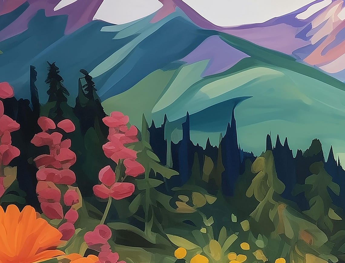 Mountain Wildflower Meadow Colorful Alpine Landscape Art Print - Image 2