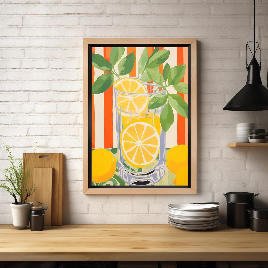Lemon Drink In Tall Glass Striped Orange Background Kitchen Poster - Image 2