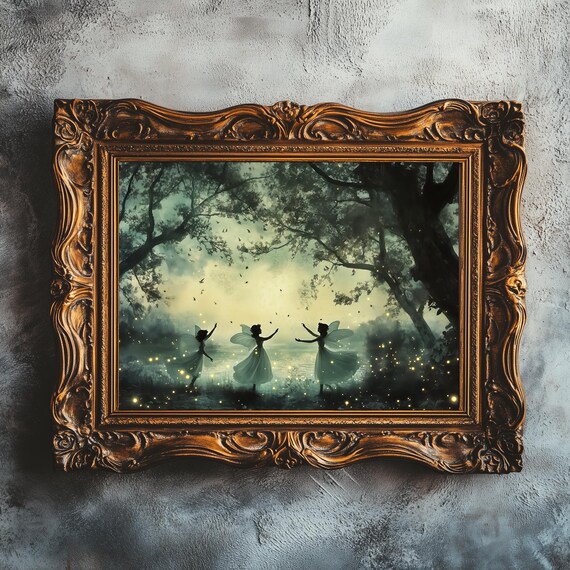 Moonlit Forest Fairies Dancing Fireflies Whimsical Vintage Style Poster