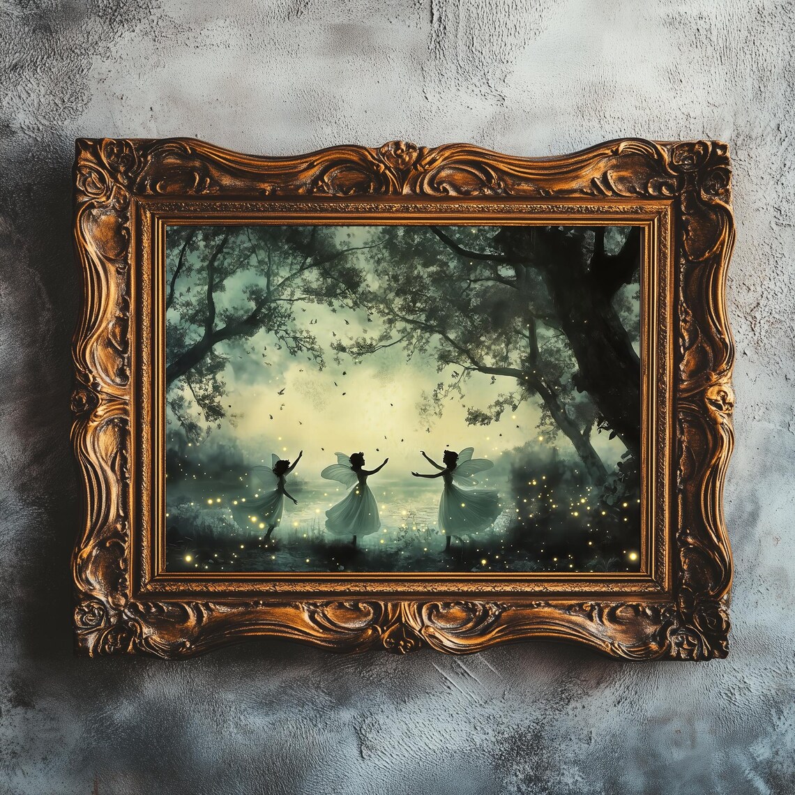 Moonlit Forest Fairies Dancing Fireflies Whimsical Vintage Style Poster